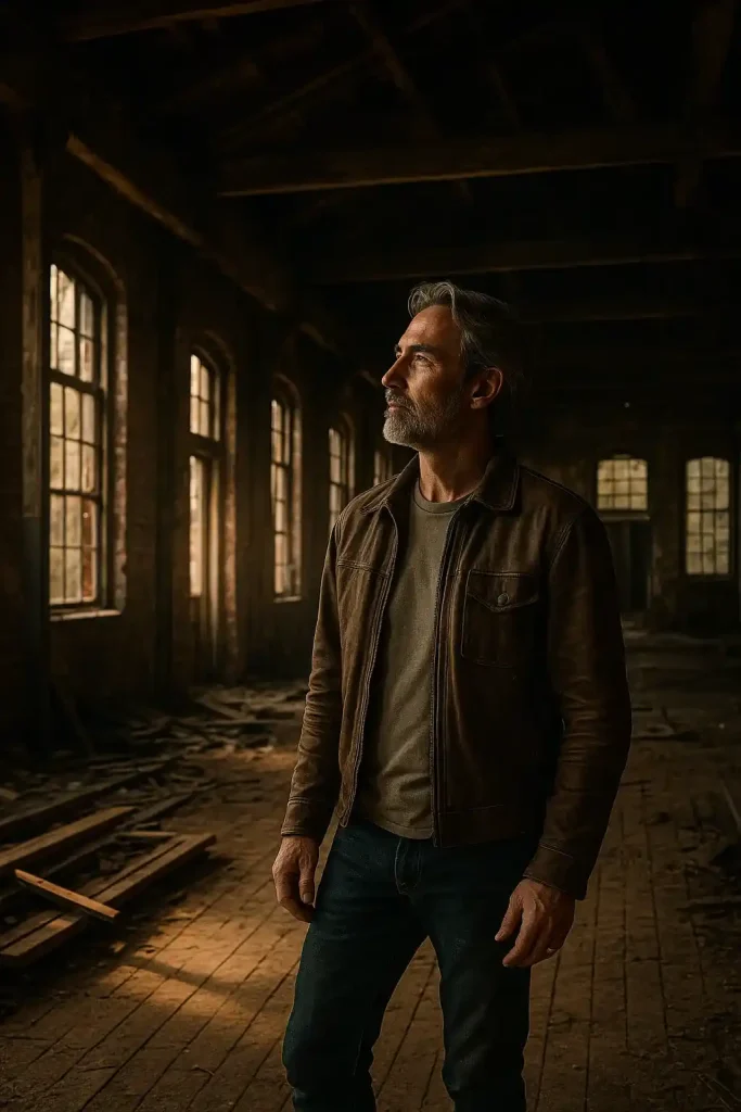 A middle-aged man with a gray beard and leather jacket stands inside an abandoned historic building, gazing thoughtfully at the sunlight filtering through tall arched windows, symbolizing preservation and restoration
