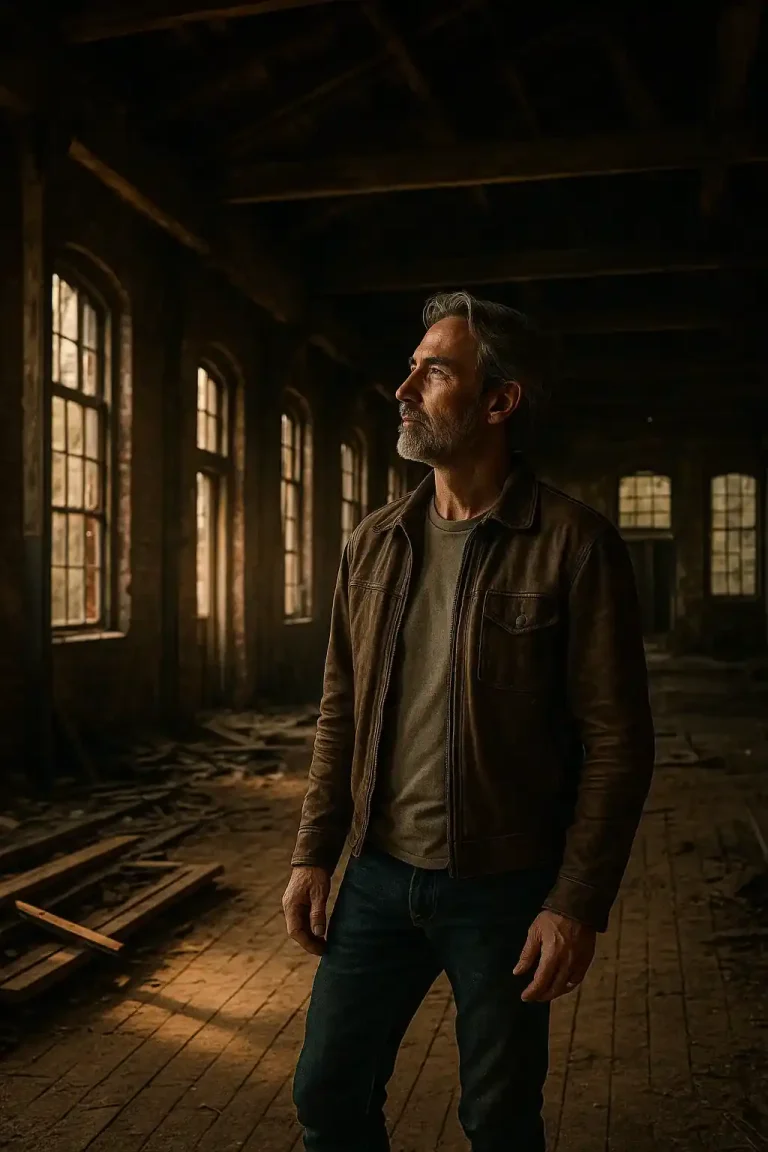 A middle-aged man with a gray beard and leather jacket stands inside an abandoned historic building, gazing thoughtfully at the sunlight filtering through tall arched windows, symbolizing preservation and restoration