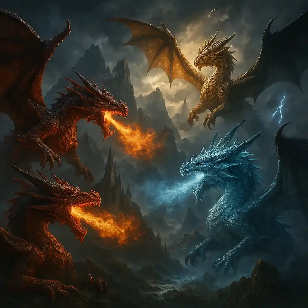 Legendary dragon artwork featuring Smaug, Ancalagon, and other iconic dragons from history and mythology