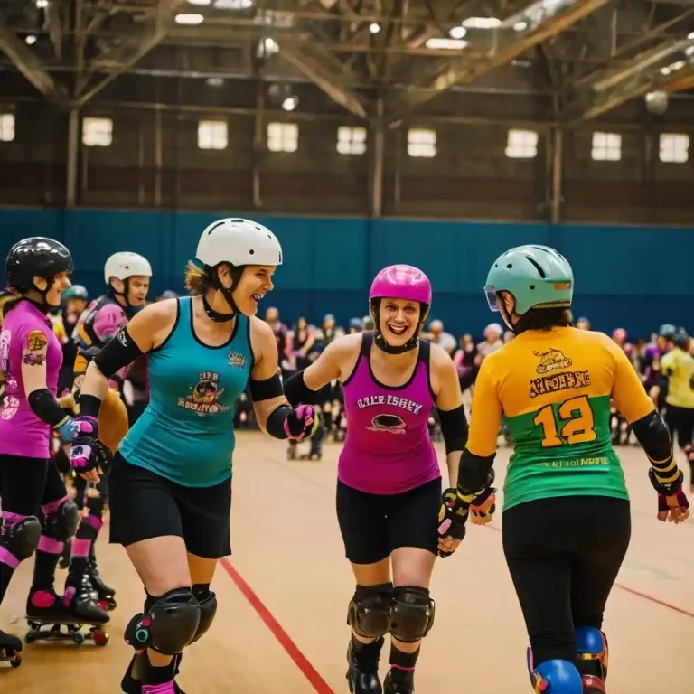 Colorful roller derby teams racing inside an indoor arena with banners showing creative and funny team names