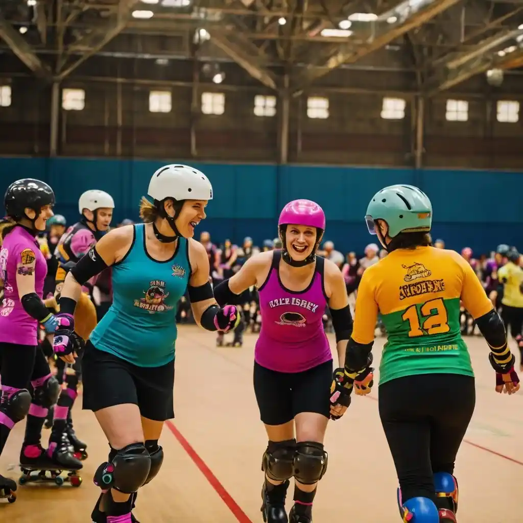 Colorful roller derby teams racing inside an indoor arena with banners showing creative and funny team names