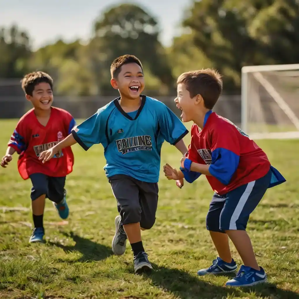 Youth flag football team celebrating on sunny outdoor field with flags on waist
