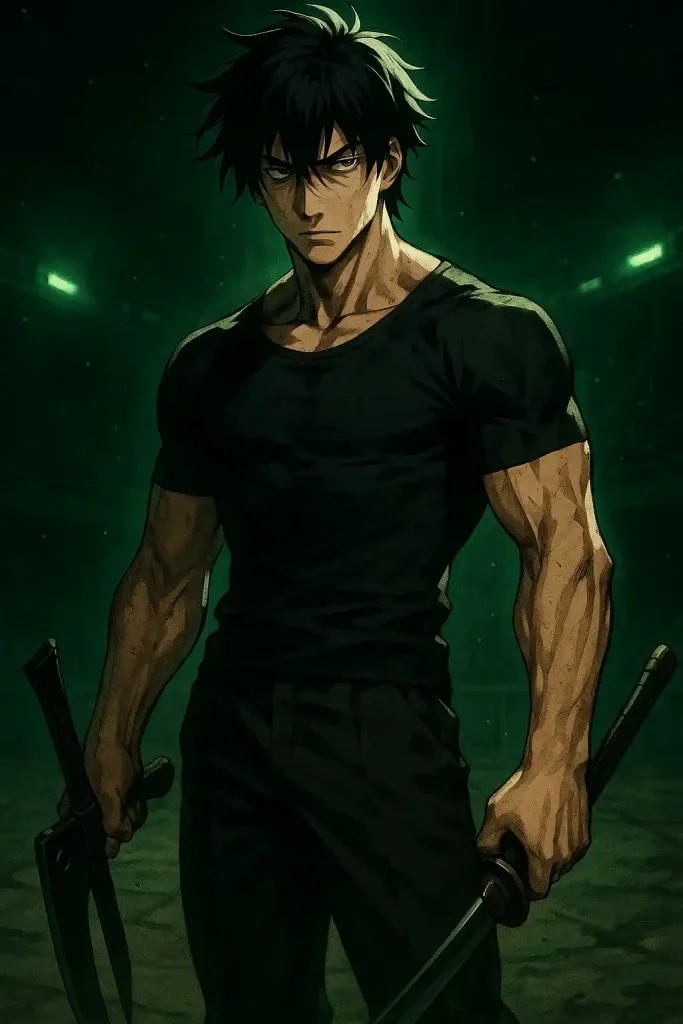 Anime-style illustration of Toji Fushiguro standing in a dark battle arena, holding cursed tools, with a muscular build, black messy hair, green lighting, and dramatic shadows
