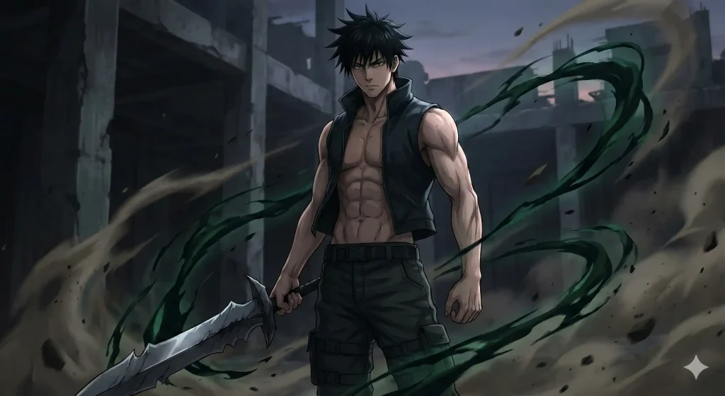 Anime illustration of Toji Fushiguro standing tall at 6’2” with a muscular build, holding the Inverted Spear of Heaven from Jujutsu Kaisen.