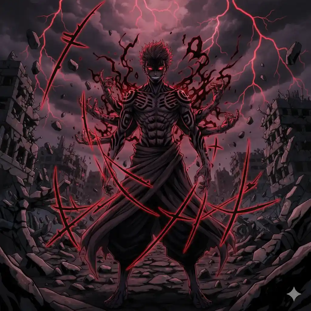 Ryomen Sukuna in his true form with four arms, cursed tattoos, glowing red eyes, and Malevolent Shrine energy in the background – Jujutsu Kaisen