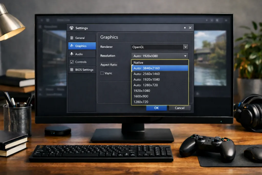 PBLEmulator graphics settings screen showing OpenGL selected with resolution options on desktop monitor