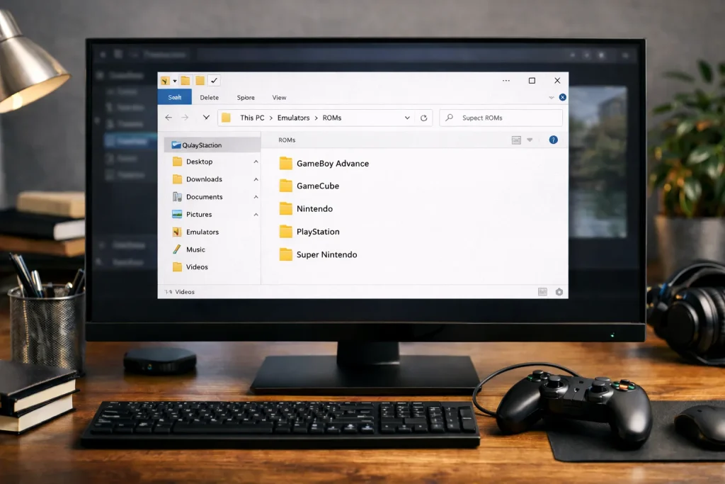 Computer file explorer showing neatly organized ROM folders for emulator file management