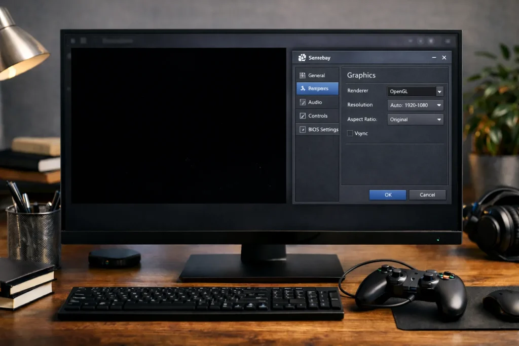 Desktop monitor showing emulator black screen issue with settings menu open for troubleshooting
