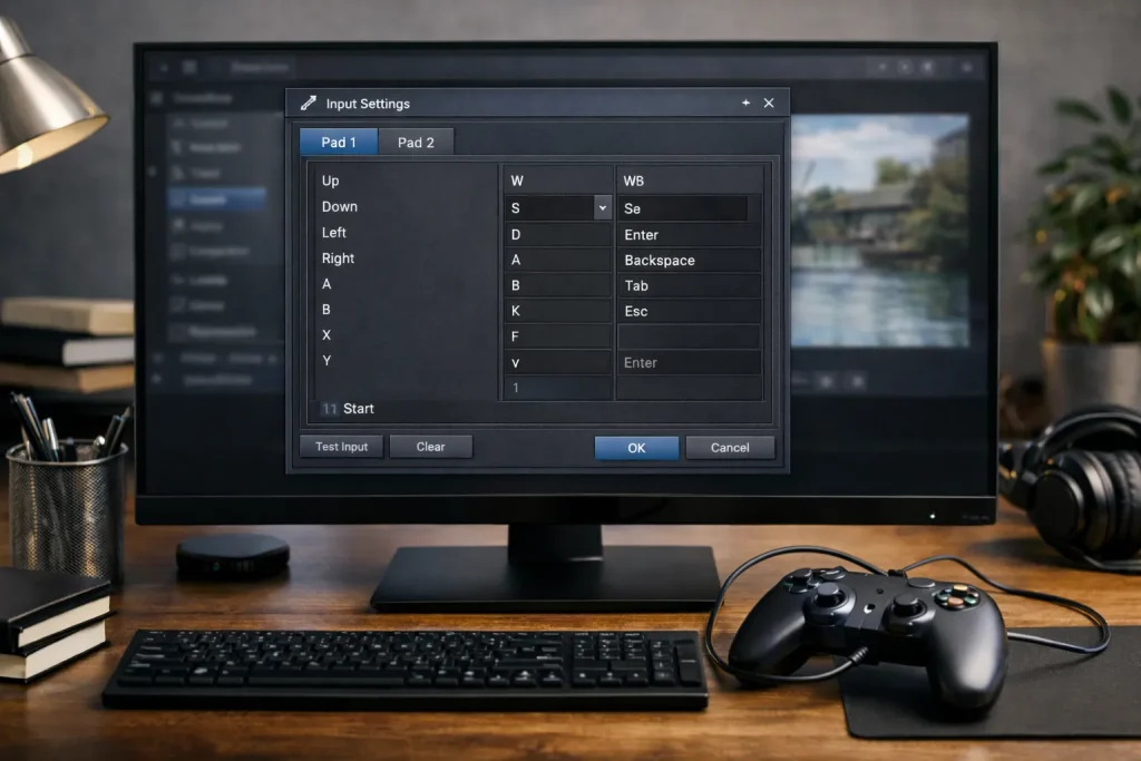 Game controller connected to PC with PBLEmulator input mapping settings open on monitor