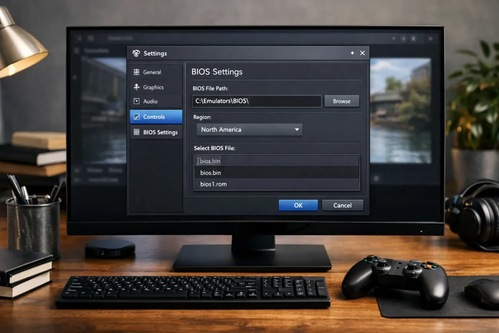 Desktop computer showing PBLEmulator settings screen with BIOS configuration open on a modern workspace