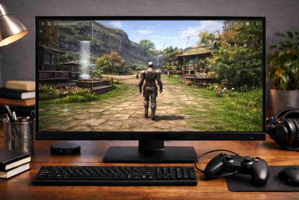 Modern computer monitor showing emulator running smoothly with stable graphics on a clean desktop setup