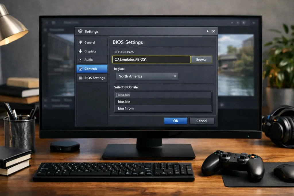 PBLEmulator BIOS folder configuration screen showing selected file path on desktop monitor