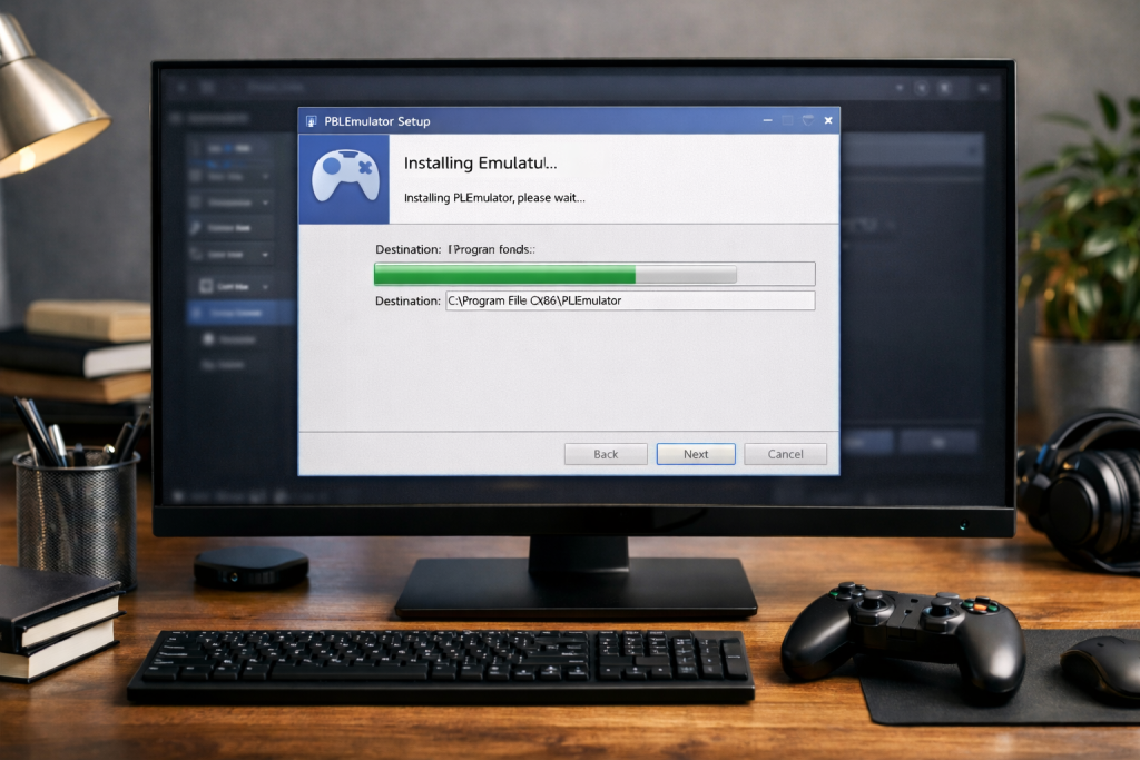 Computer monitor displaying PBLEmulator installation wizard with progress bar during setup process