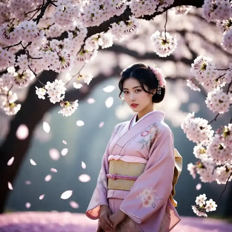 Elegant Japanese woman in pink kimono standing under blooming cherry blossom trees