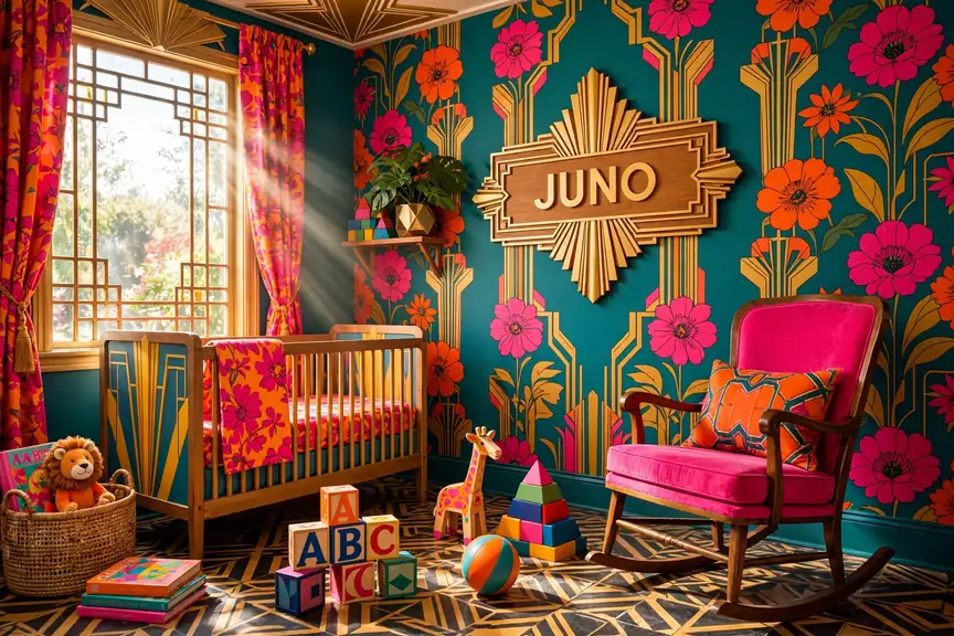 Bright 1920s art-deco nursery with colorful florals and a golden vintage name plaque