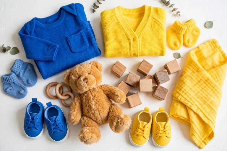 Vibrant newborn baby boy nursery flat lay in bright blue and sunny yellow with tiny clothes and toys