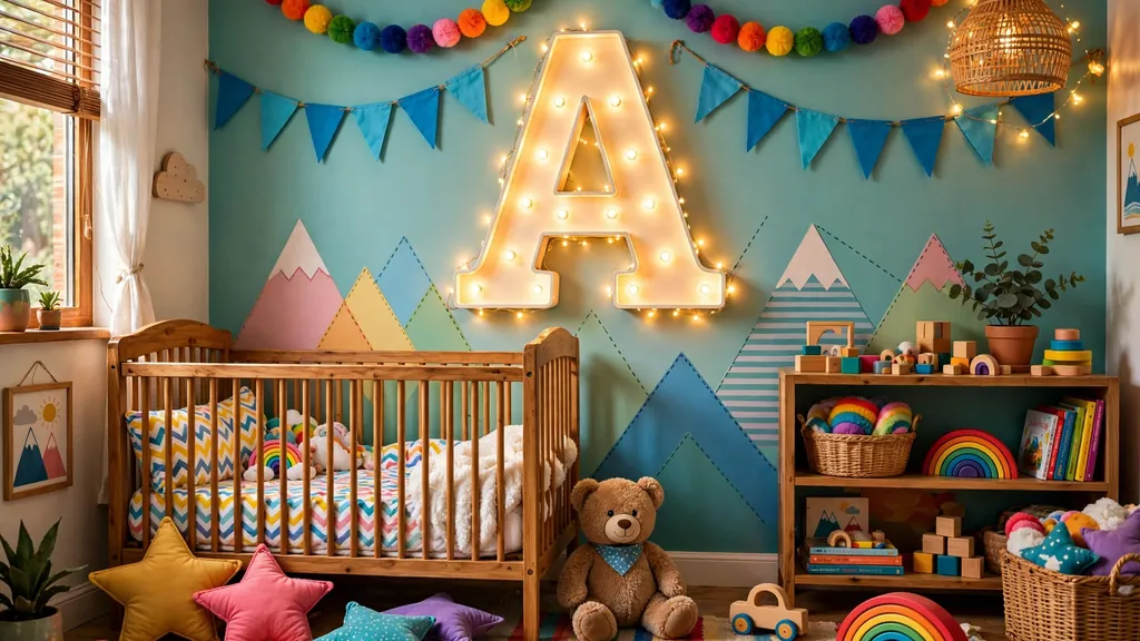 Vibrant baby boy nursery with a big glowing letter A on the wall, rainbow garlands, and bunting flags
