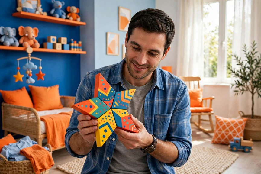Father holding a colorful wooden star in a vibrant blue and orange baby boy nursery