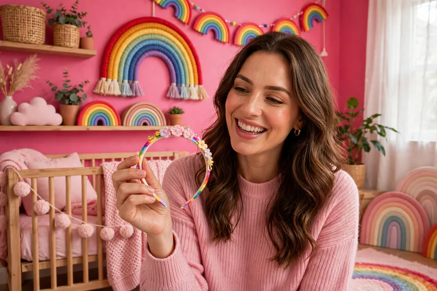 Joyful mother holding a bright colorful baby girl headband in a vibrant pink nursery with rainbow decor