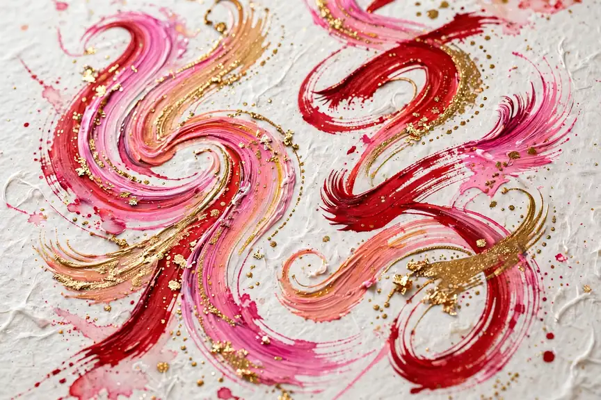 Japanese kanji brushstrokes for girl names in pink, red and gold on white paper