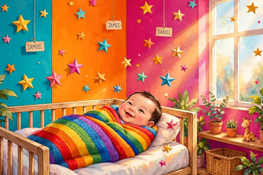 Newborn baby boy in a rainbow blanket in a bright colorful nursery with name tags Samuel, James and Daniel
