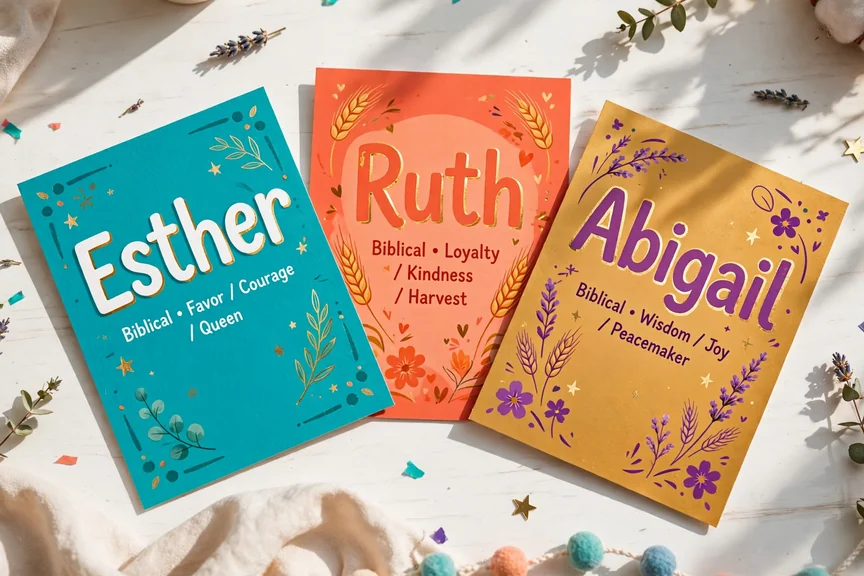 Colorful name cards in vivid teal, coral and gold printed with biblical girl names on a white table