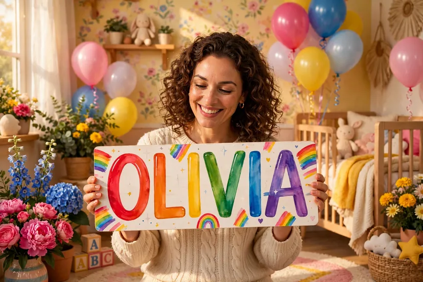 Mother holding a bright rainbow baby name sign in a colorful nursery with flowers and balloons