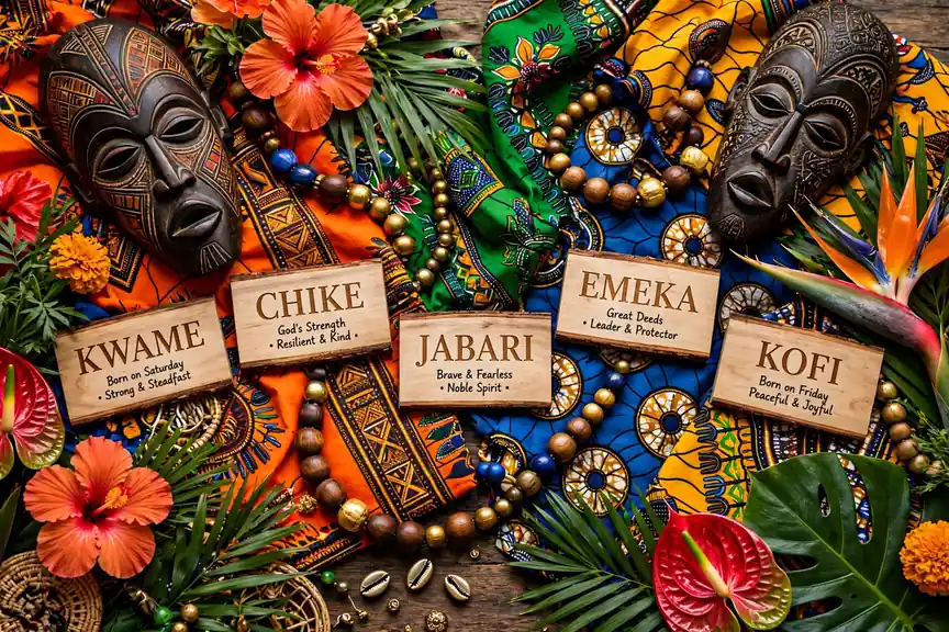 Decorative wooden name cards with African boy names surrounded by colorful African wax-print fabric and beads