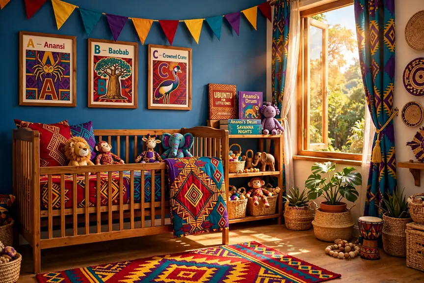 Vibrant African-inspired baby nursery with bold patterned bedding, colorful bunting garlands and alphabet wall art