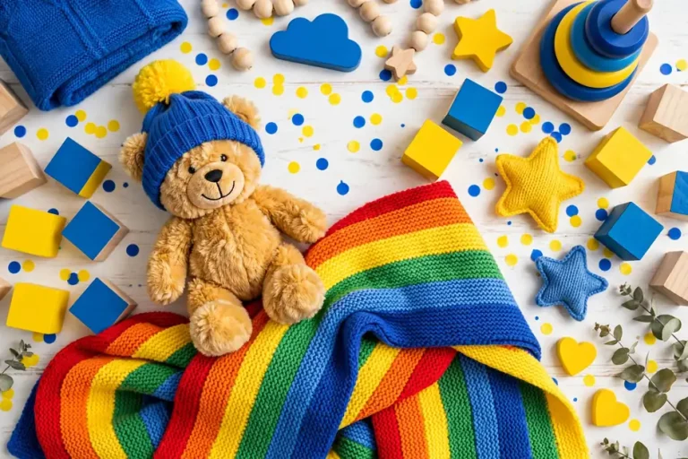 Colorful baby boy nursery flat lay with teddy bear and rainbow blanket