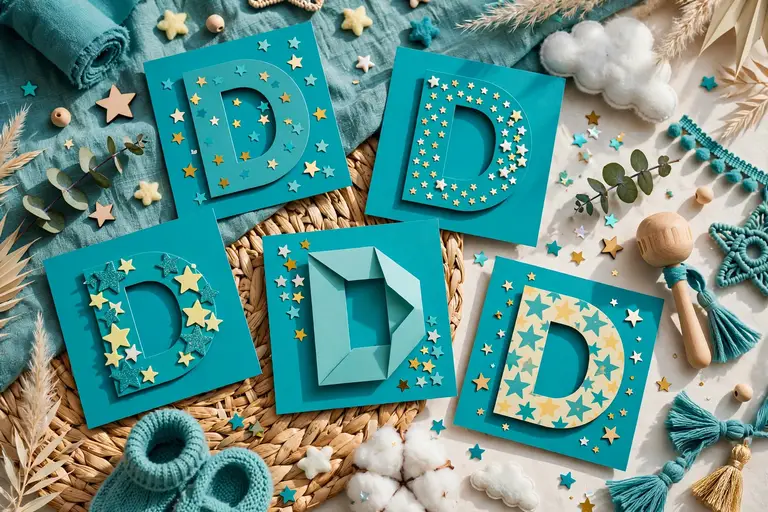 Boy names that start with D on dynamic teal cards