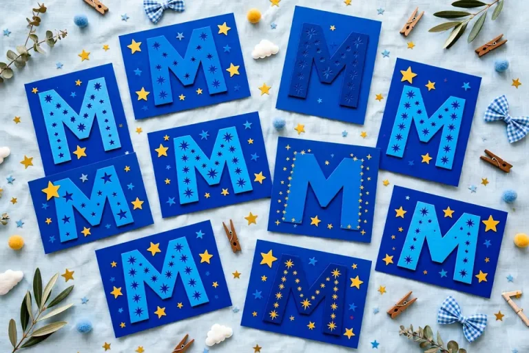 Boy names that start with M on bold blue cards
