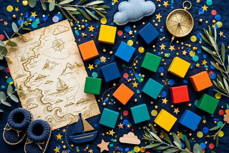 Vibrant blue and gold flat-lay with alphabet blocks, compass and adventure motifs for unique boy names