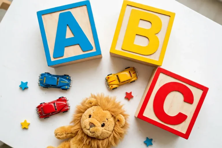 Vibrant colorful alphabet blocks spelling boy names in bright blue, yellow and red on white background