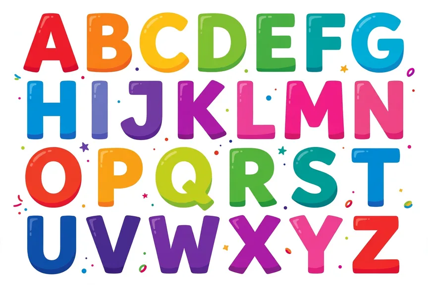 Colorful A to Z alphabet letters in rainbow colors arranged in rows
