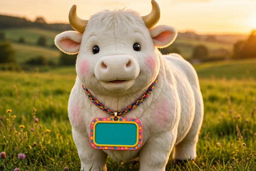 Colorful illustration of a strong bull in a vibrant green pasture with bold name tags