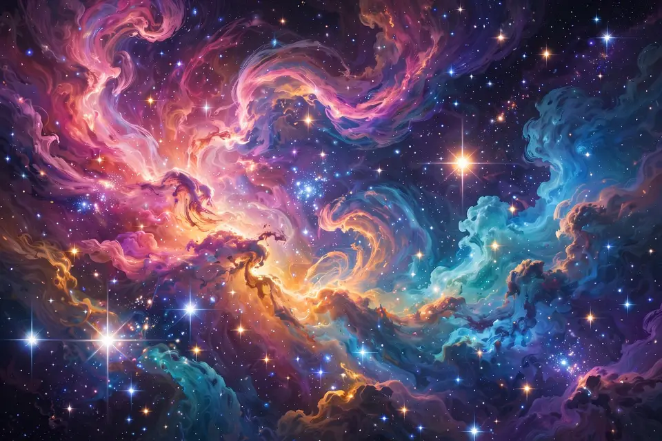 Galaxy and cosmic names with nebula art