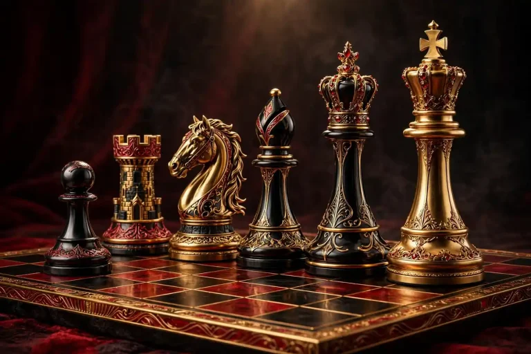 Chess pieces names guide with king queen rook bishop knight pawn illustration
