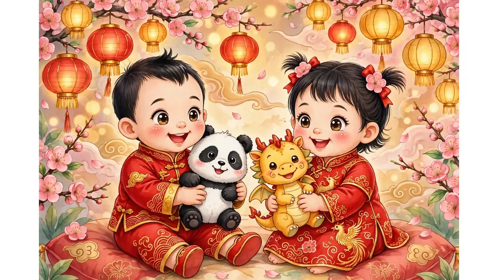 Cheerful Chinese baby boy and girl in red and gold festival outfits with lanterns and plum blossoms