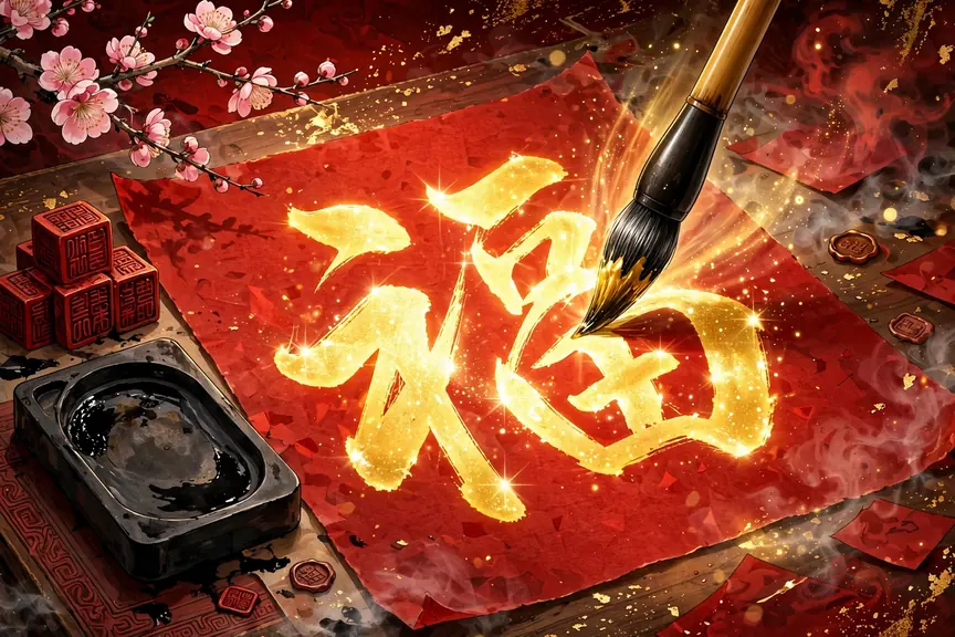 Vibrant illustration of a Chinese calligraphy brush painting a golden character on red paper with seal stamps and plum blossoms