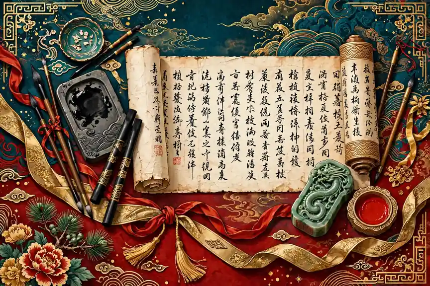Colorful illustration of an ancient Chinese scroll with calligraphy, a jade seal, and silk ribbons for two-character compound Chinese surnames
