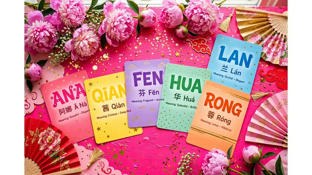 Bright colorful name cards showing Chinese girl names with pinyin on a hot-pink table with peonies and gold confetti
