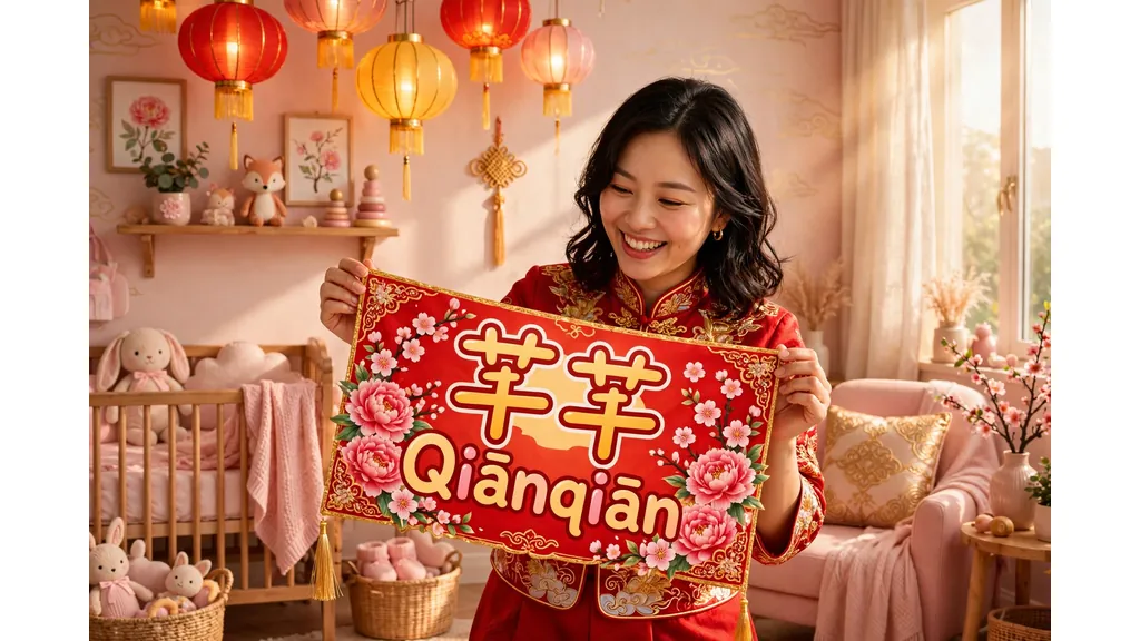 Mother holding a bright red-and-gold baby name banner with Chinese girl names and pinyin under glowing paper lanterns
