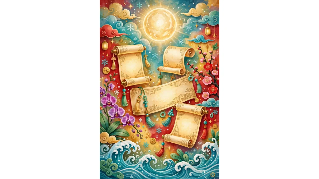 Dreamy illustration of Chinese name meanings with moon, snowflakes, ocean waves, orchids and jade accents