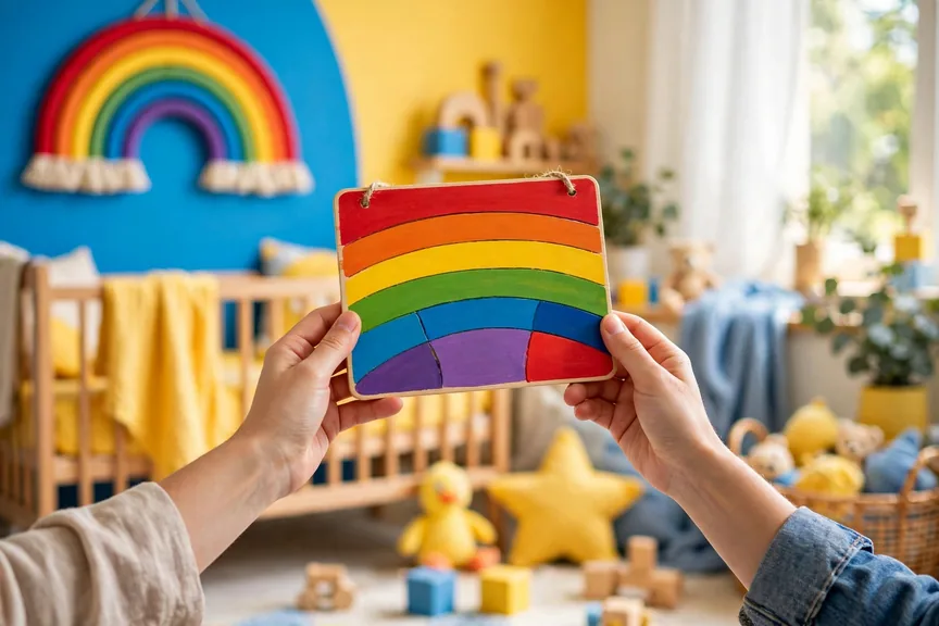 Parents holding a colorful sign while choosing a baby boy name