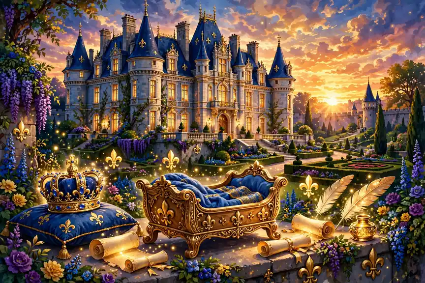 Vibrant jewel-tone illustration of a French chateau with a royal crown and fleur-de-lis for classic French boy names