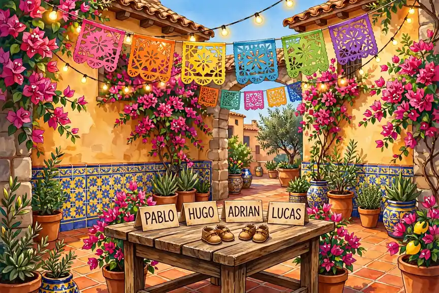 Vibrant illustration of a sunny Spanish courtyard with baby boy name cards for classic Spanish names