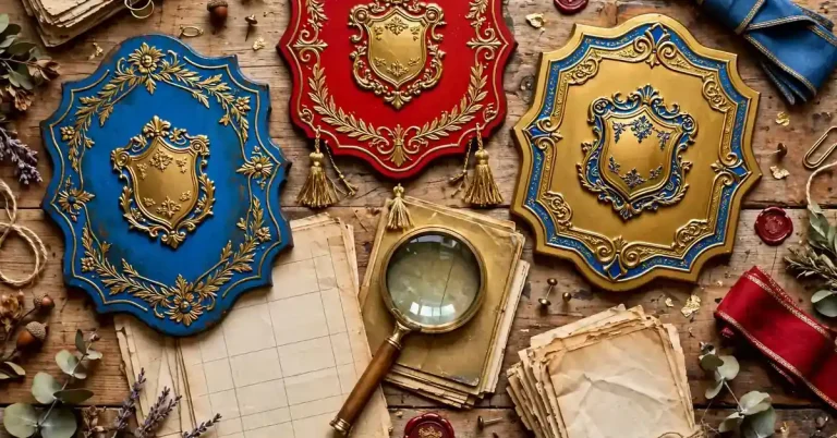 Vibrant flat-lay of colorful vintage family name signs with census archive documents in bold blue, red and gold
