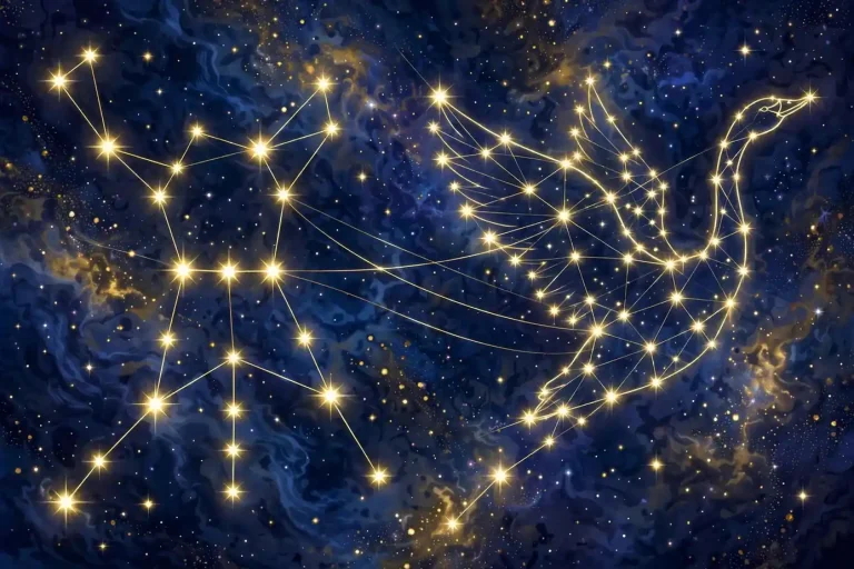 Constellation names list with starry night sky and star pattern illustrations