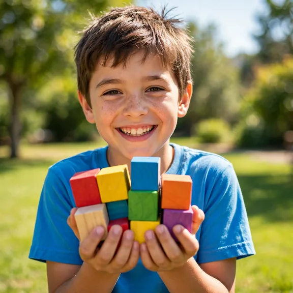 Happy young boy in a bright blue t-shirt holding colorful wooden name blocks
